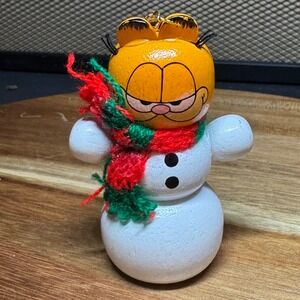 Vintage 1981 Garfield Dakin Wooden Snowman Christmas Ornament Red Green Scarf